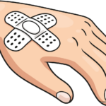 A colorful, finished illustration of a band-aid on a hand, ready for coloring.