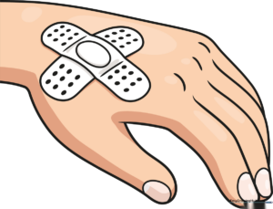A colorful, finished illustration of a band-aid on a hand, ready for coloring.