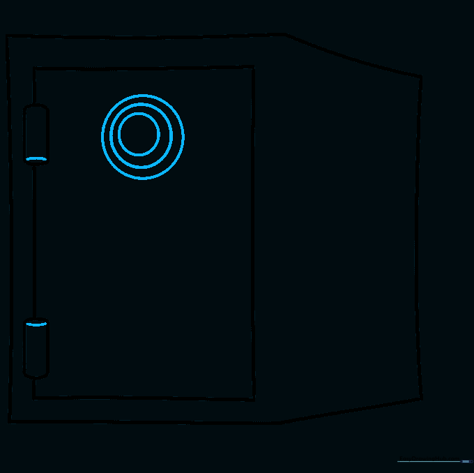 Cylindrical hinges on the door and three concentric circles forming the vault lock.