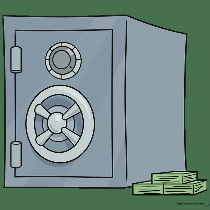 A fully colored bank vault with grey metal and gold bars inside.
