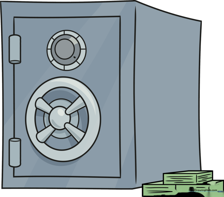 A finished, colorful drawing of a secure bank vault filled with gold.