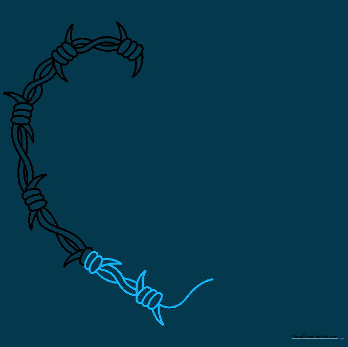Drawing the bottom point of the heart using a central barbed wire spike.