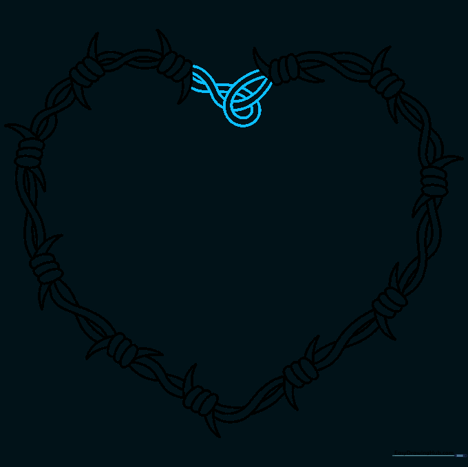Closing the loop of the barbed wire heart at the top center.
