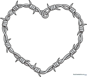 A stylized, metallic barbed wire heart drawing, perfect for art projects.