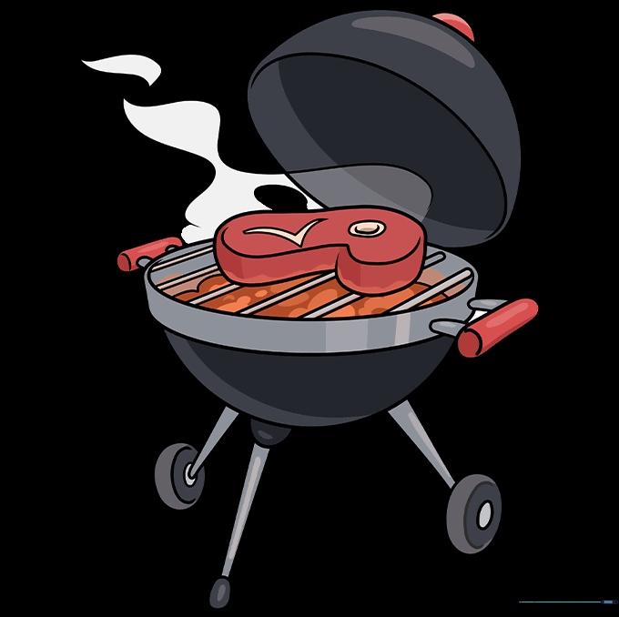 A fully colored cartoon barbecue grill with gray metal and glowing red coals.