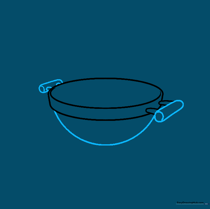 Drawing the bottom half-circle bowl of the grill with side handle details.