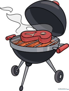 A colorful, finished illustration of a backyard barbecue grill with a steak cooking on the grates.