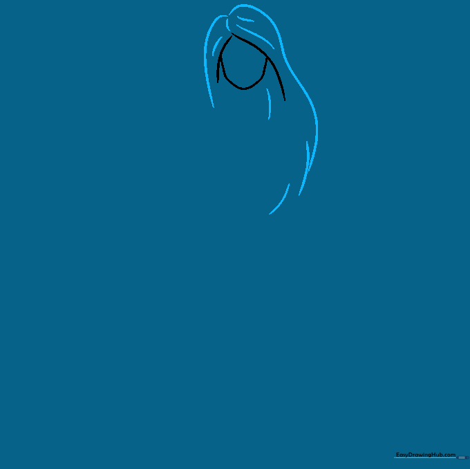 Drawing showing long flowing hair added to the doll's head shape.