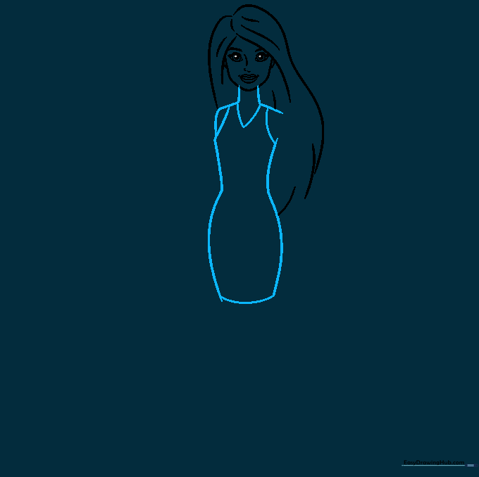 Drawing showing the neck and the top of the dress being sketched.