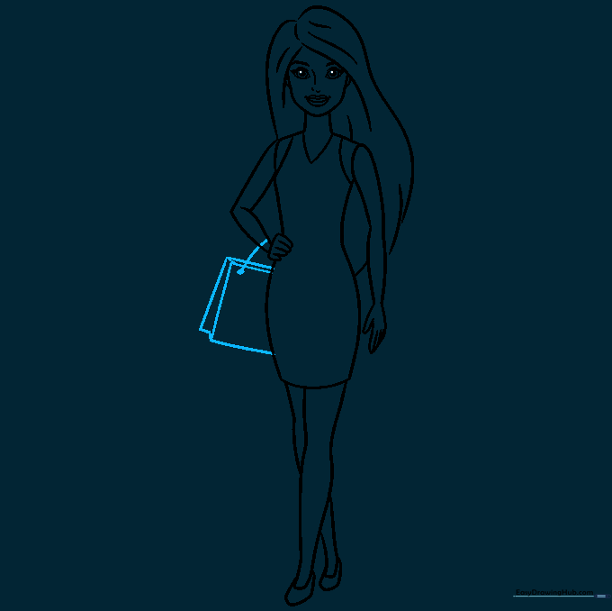 Drawing showing the final accessory, a purse, being added to the doll.