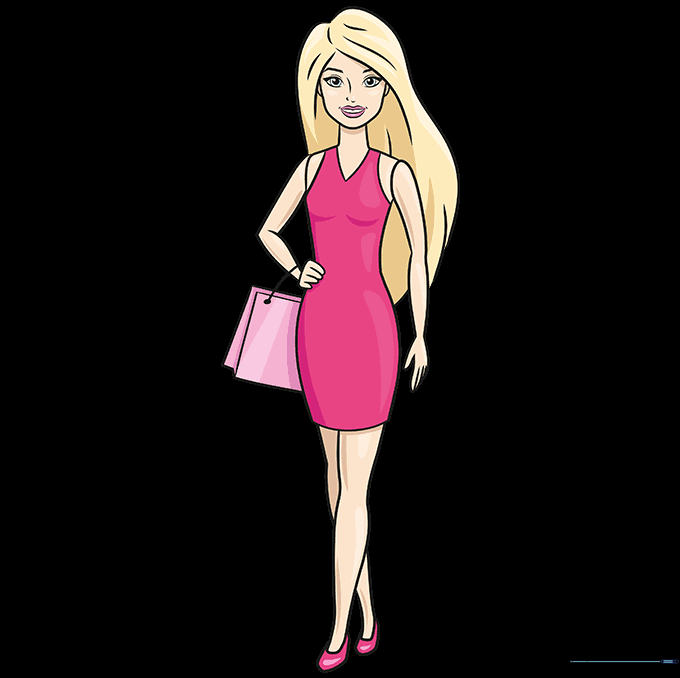 The final colored drawing of a Barbie doll with bright, vibrant colors.
