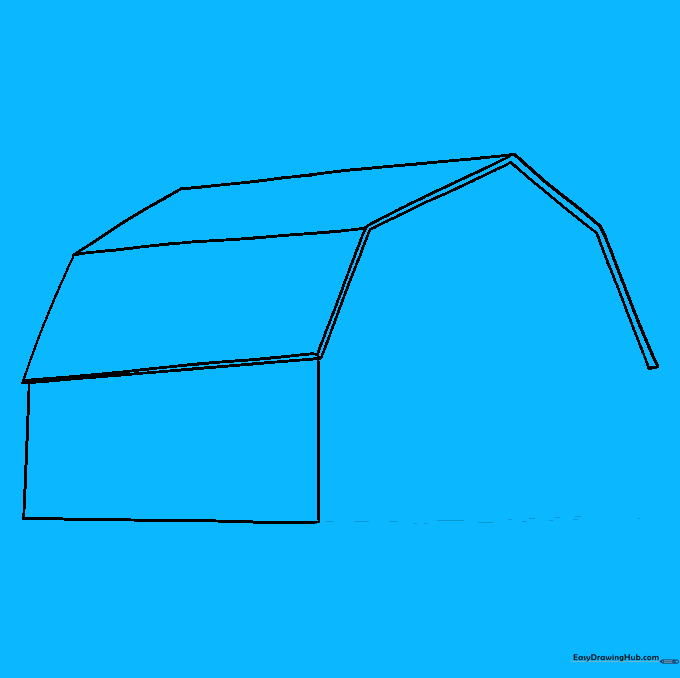 Connecting the front wall lines to the roof to complete the barn's basic shape.