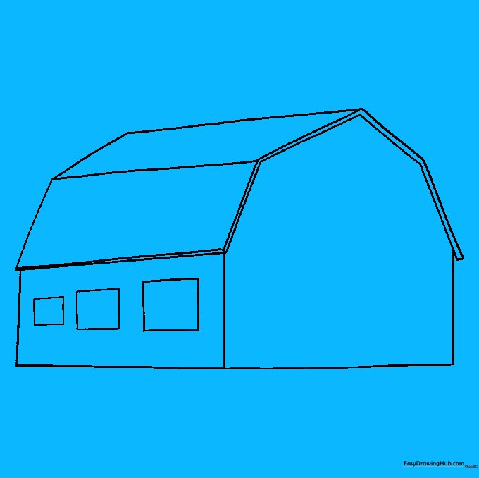 Detailing the barn's loft area with a central door and side shutters.