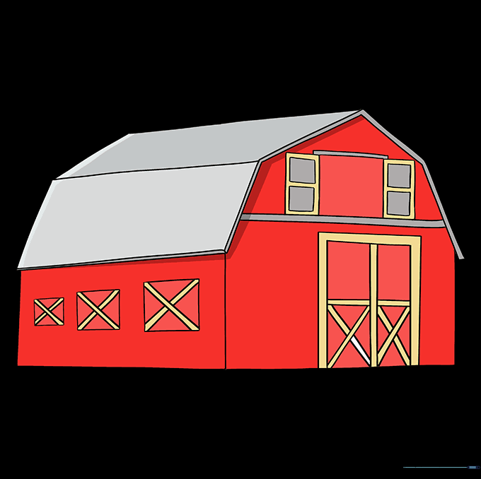 A fully colored, classic red barn drawing.