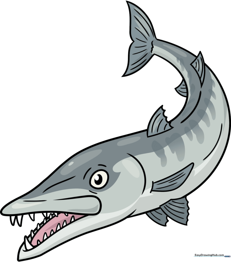 A vibrant, finished illustration of a barracuda swimming, used as the featured tutorial image.