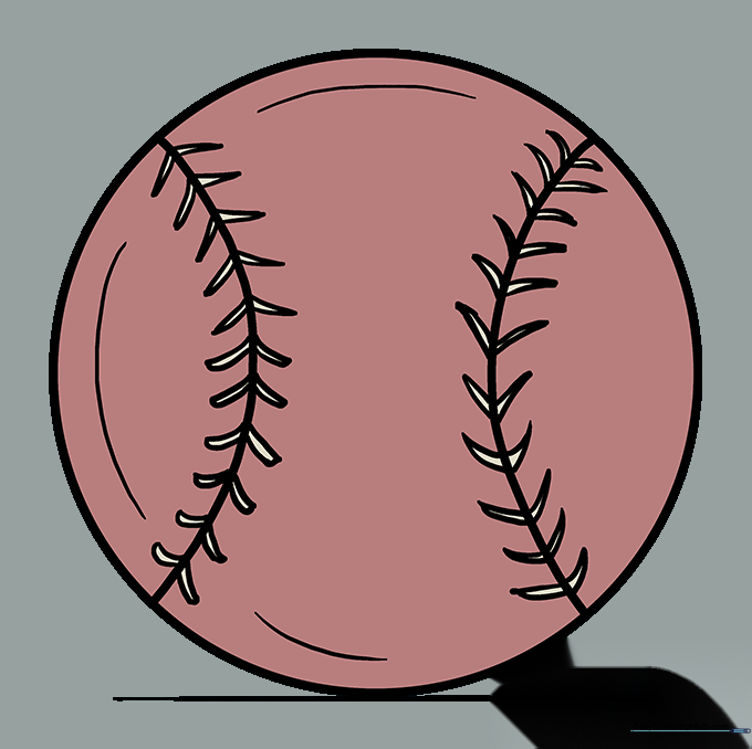 A finished, colored baseball drawing with red stitches and light shading.