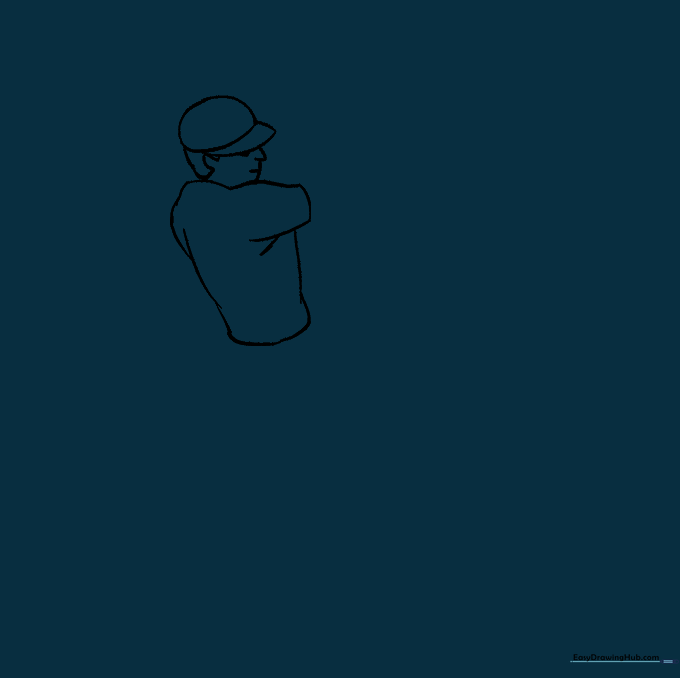 Cleaned up line drawing of the baseball player's head and torso with guide lines removed.