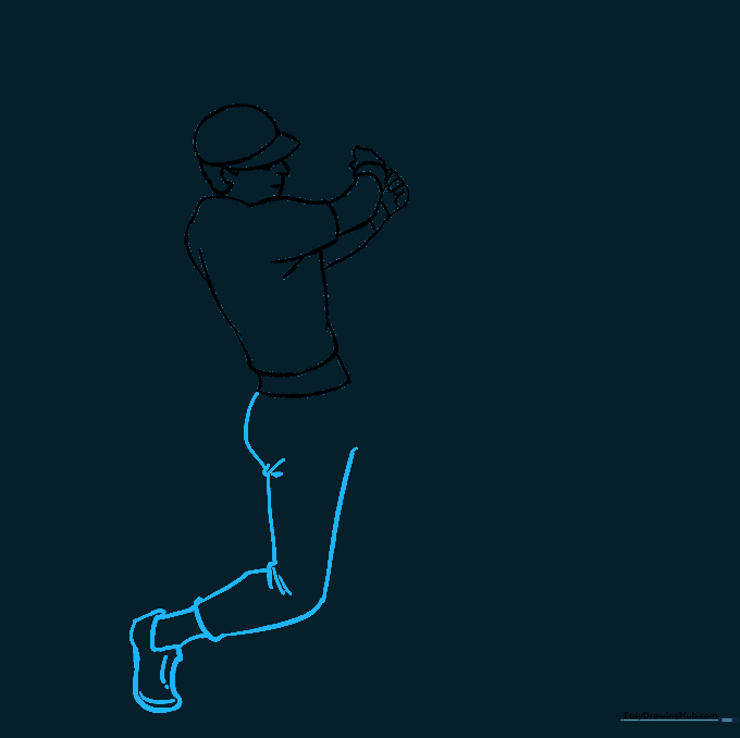 Drawing of the baseball player's first leg and shoe with fabric folds.