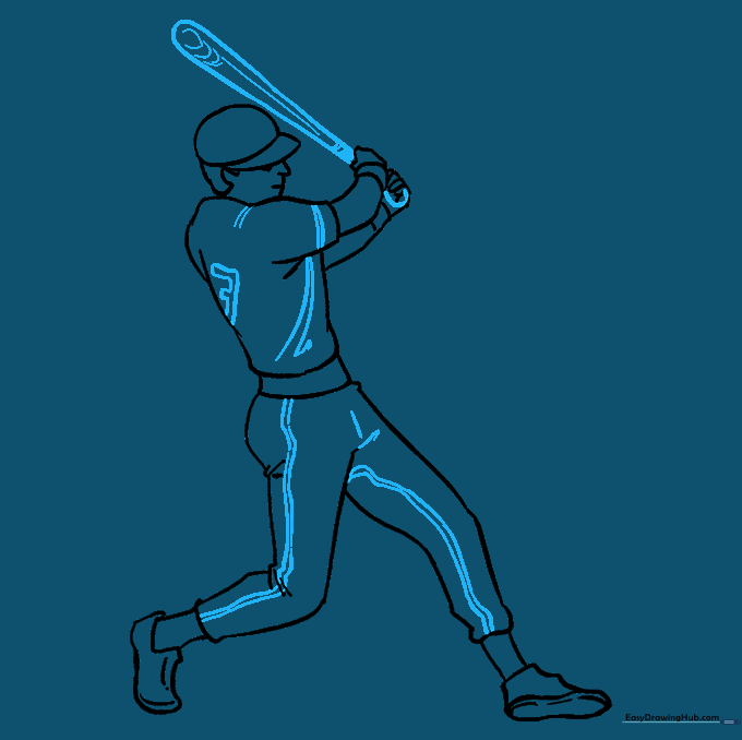Completed line drawing of the baseball player with uniform stripes and a baseball bat.
