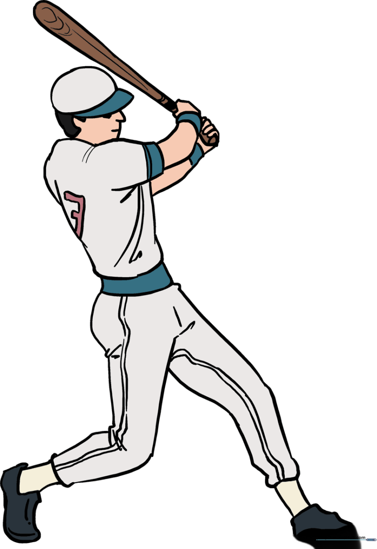 Full-color illustration of a baseball player ready to bat, featured as a drawing guide.