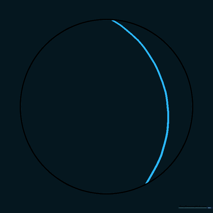 A circle with a single curved vertical line drawn inside to indicate a seam.