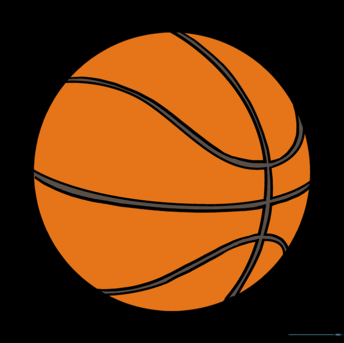 A fully colored basketball with orange panels and black seams.