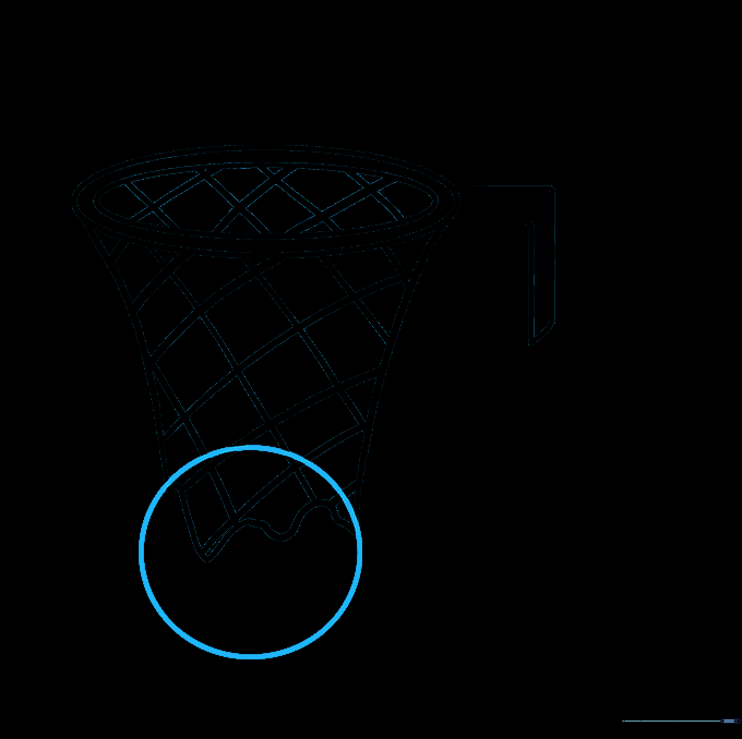 A circle drawn overlapping the bottom of the net to represent a basketball.