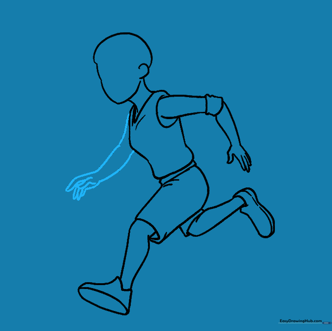 Drawing the second arm and hand to complete the upper body.