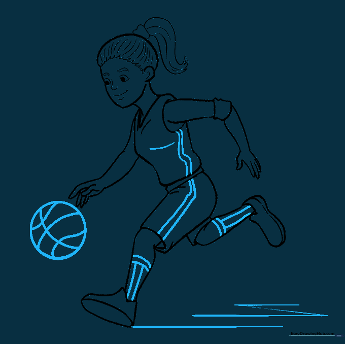 Adding jersey stripes, socks, and a basketball to the drawing.