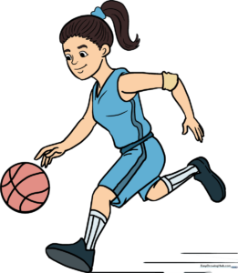 A vibrant, finished drawing of a basketball player holding a ball, ready for coloring.