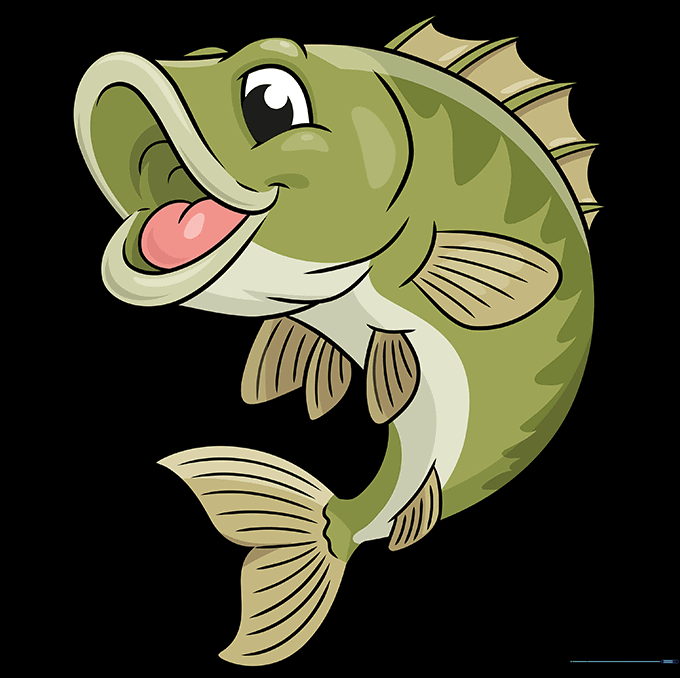 Fully colored cartoon bass fish with green and cream tones.