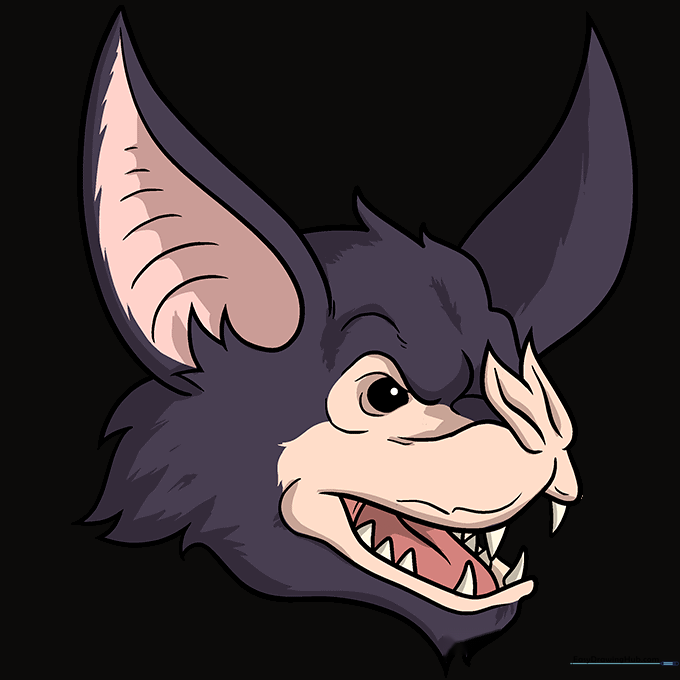 Finished, colored illustration of a cute cartoon bat face.