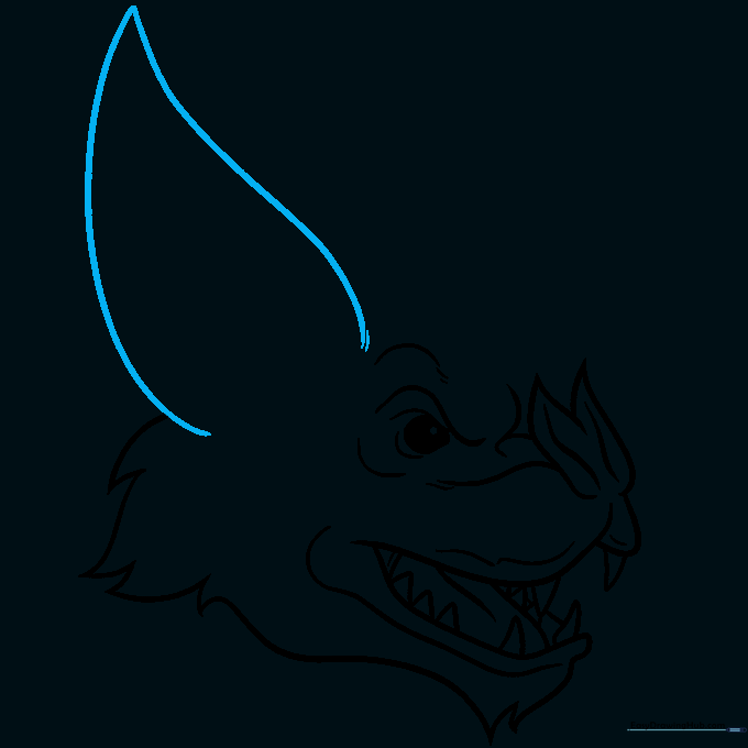 Pencil sketch of a large, pointed bat ear extending from the head.