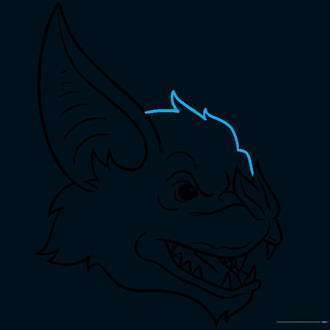 Pencil sketch showing the top of the bat's head being filled in with jagged fur lines.