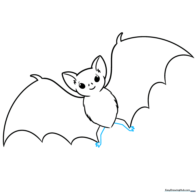 Sketching the bat's small feet and toes at the bottom of the wings.