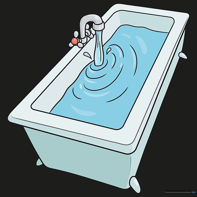 The finished, colored bathtub drawing with water and bubbles.