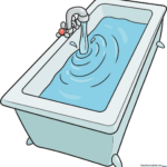 A colorful, cartoon-style bathtub with water and bubbles, ready for a drawing lesson.