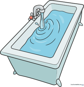 A colorful, cartoon-style bathtub with water and bubbles, ready for a drawing lesson.