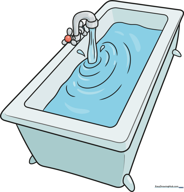 A colorful, cartoon-style bathtub with water and bubbles, ready for a drawing lesson.