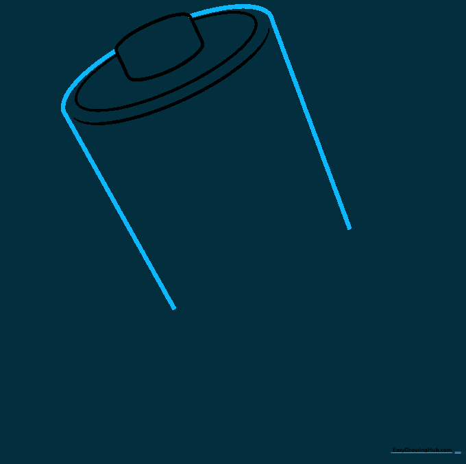 Two long vertical lines are drawn downwards to create the main cylindrical body of the battery.