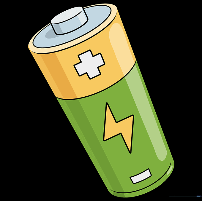 The completed battery drawing, fully colored with shading to give it a realistic 3D appearance.