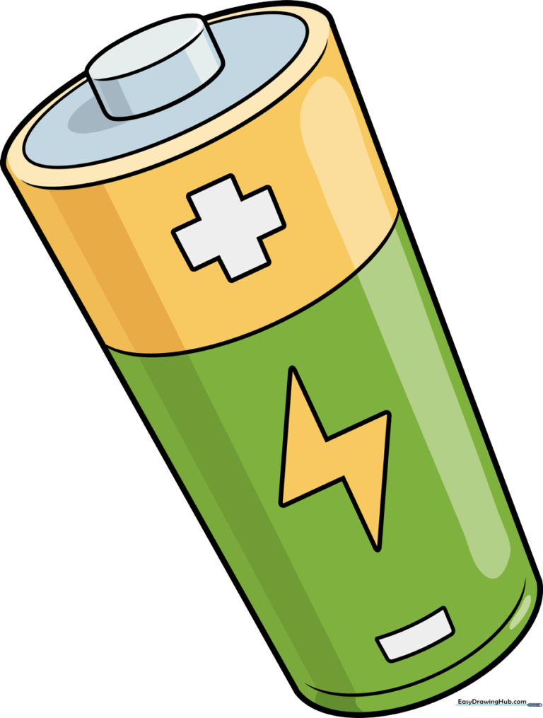 A colorful, finished drawing of a battery with a lightning bolt logo, presented as a clear tutorial example.