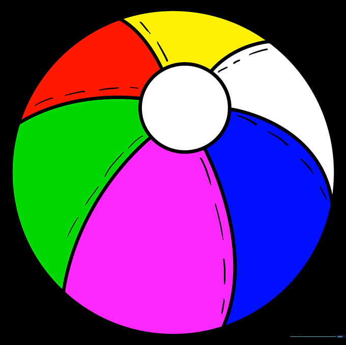 A finished, colorful beach ball with red, yellow, blue, and green segments.