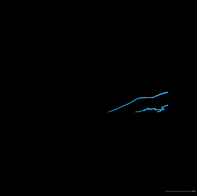 A mountain silhouette and clusters of tropical trees drawn along the horizon line.