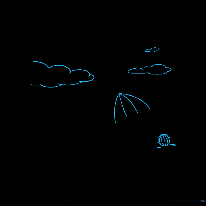A completed beach scene with a beach ball, detailed umbrella, and fluffy clouds in the sky.