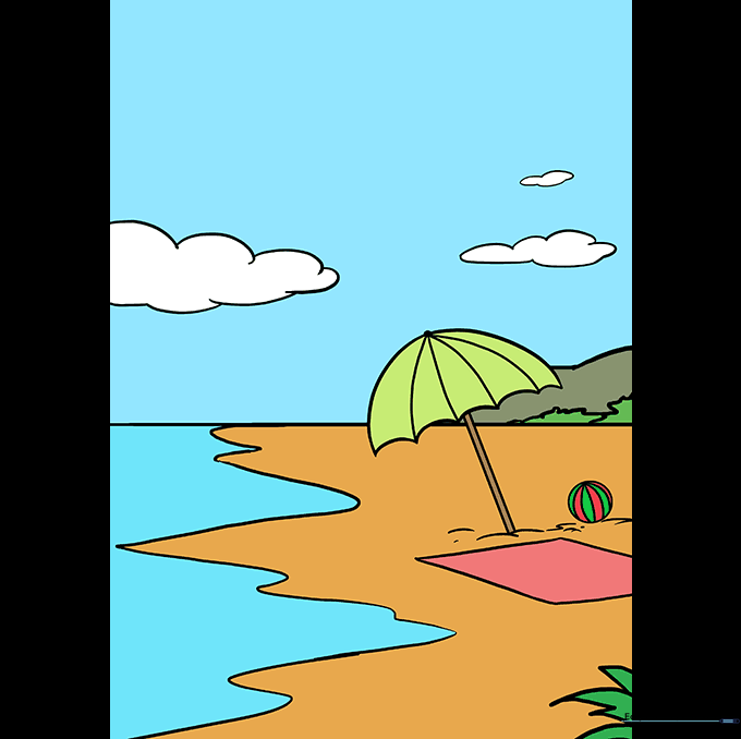 A fully colored beach scene with blue water, yellow sand, and a colorful umbrella and beach ball.