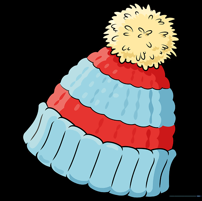 A finished, colorful beanie drawing with a striped pattern and a textured pom-pom.