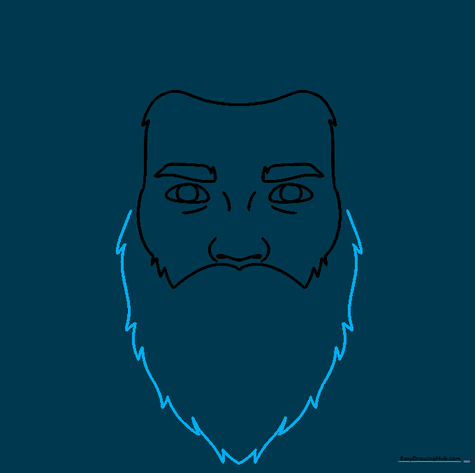 Drawing the jagged outline of a full beard around the chin