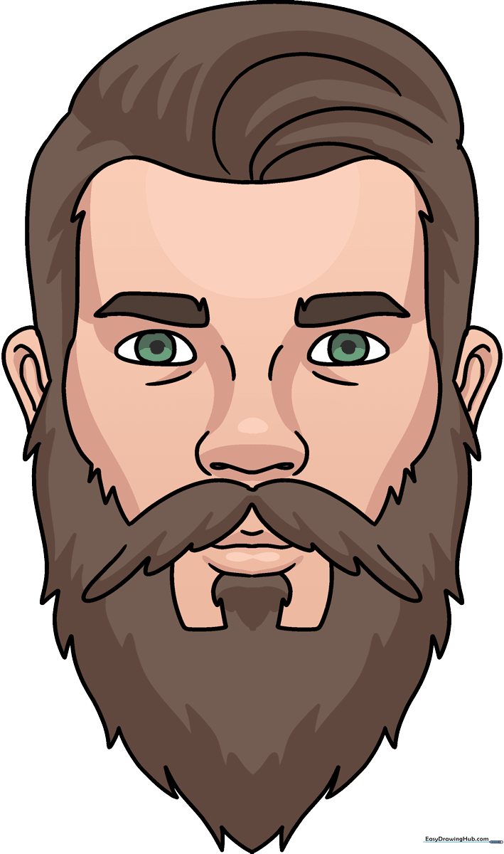 A friendly cartoon man with a well-groomed beard, demonstrating the final result of the drawing tutorial