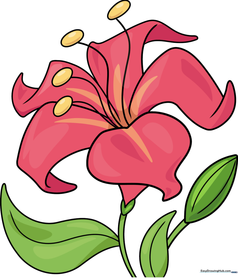 A finished, colorful drawing of a beautiful flower with leaves and a bud.